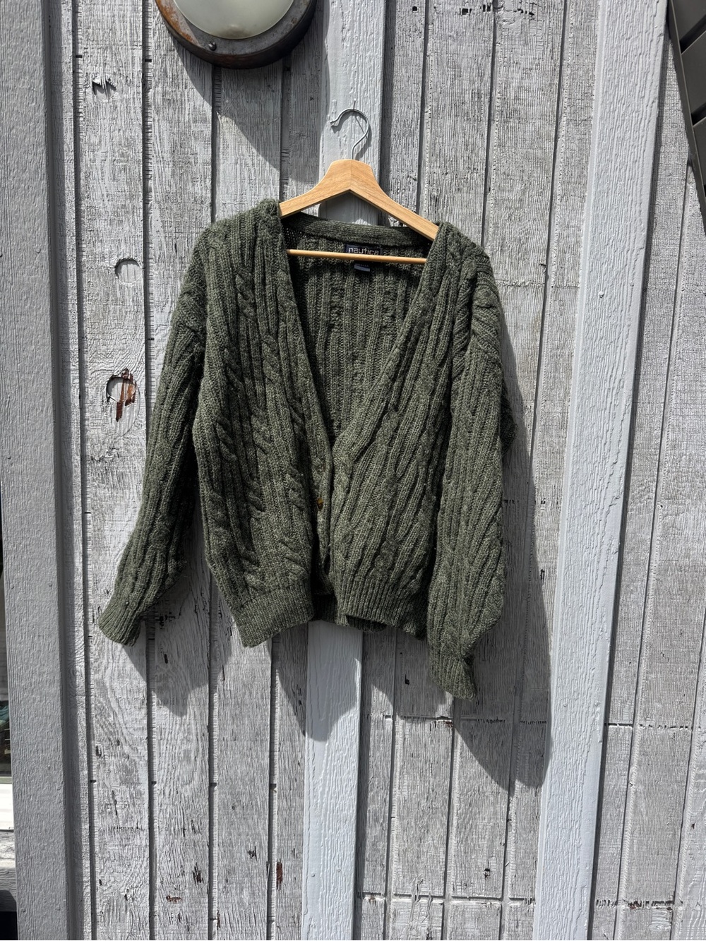 Nautica Olive Green Cable Knit V-Neck Cardigan